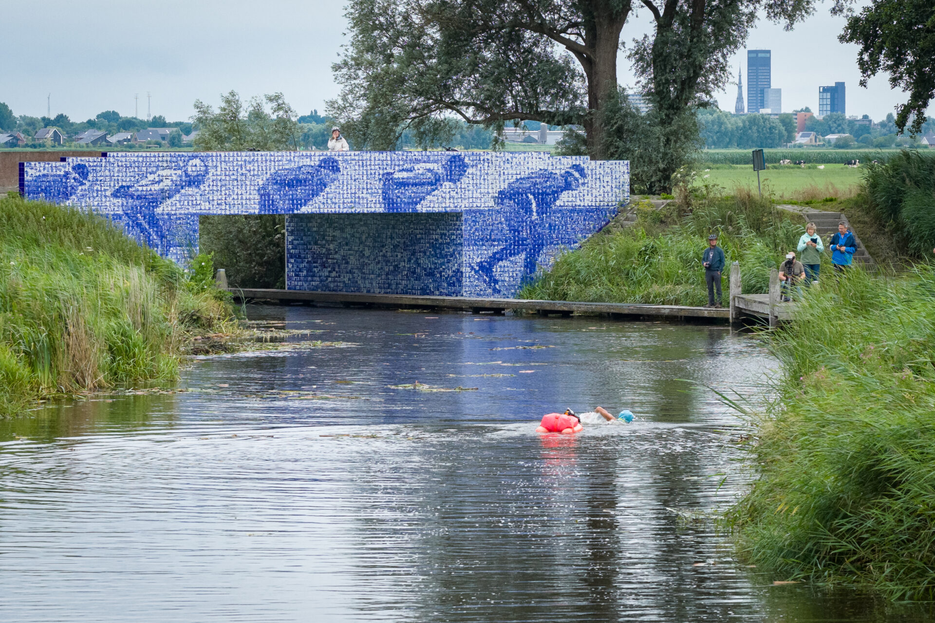Zwemmer bij een brug met blauwe tegeltableaus